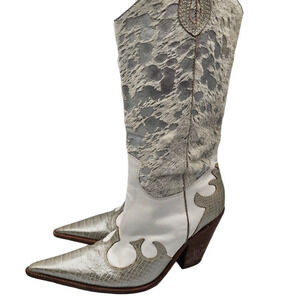 Womens Sz 10 Silver White Leather Calf Cowboy Boots Pointed Toe Western